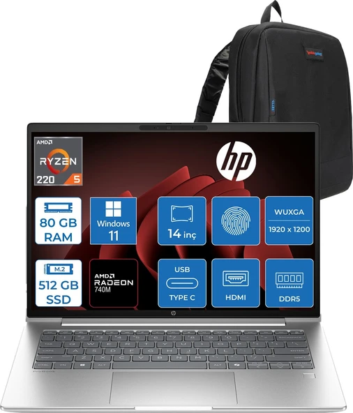 Hp Probook 4 G1AH 14 Amd Ryzen 5 220 4.9ghz 80GB Ddr5 512GB SSD Windows 11 Home Amd Radeon 740M 14" Wuxga (1920 x 1200) IPS 300NITS Taşınabilir Bilgisayar CV0E6ATH32 + Zetta Çanta ürün görseli 1