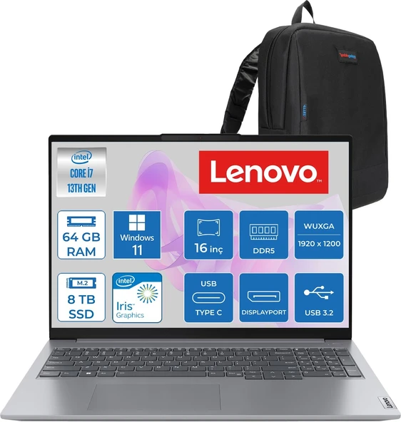 Lenovo Thinkbook 16 Gen6 Irl Intel Core I7 13700H 96GB Ddr5 4tb SSD Windows 11 Home Iris Xe Graphics 16" Wuxga (1920X1200) IPS 300NITS Taşınabilir Bilgisayar T21KH00WATRH61 + Zetta Çanta ürün görseli 1
