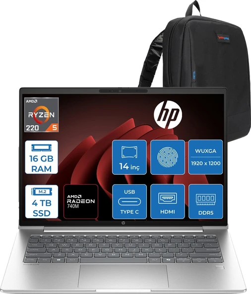 Hp Probook 4 G1AH 14 Amd Ryzen 5 220 4.9ghz 16GB Ddr5 4tb SSD Freedos Amd Radeon 740M 14" Wuxga (1920 x 1200) IPS 300NITS Taşınabilir Bilgisayar CV0E6ATF05 + Zetta Çanta ürün görseli 1
