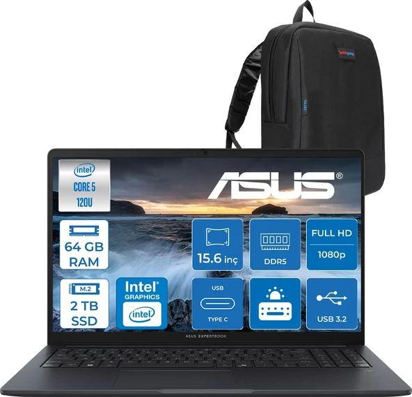 Asus Expertbook B1 B1503CVA-C58G512B4D Intel Core 5 120U 64GB Ddr5 2tb SSD 15.6"fhd 300NITS  (1920 x 1080)  Freedos Taşınabilir Bilgisayar C58G512B4DF24+ZETTAÇANTA ürün görseli 1