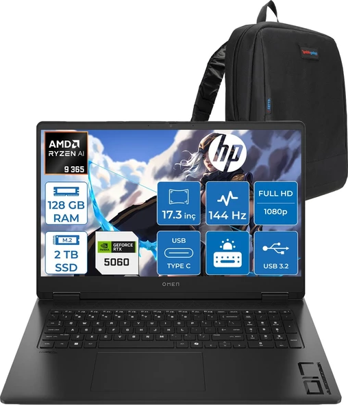 Hp Omen 17-DB1022NT Amd Ryzen Aı 9 365 128GB Ddr5 2tb SSD Freedos RTX5060 8gb Gddr6 17.3 Inç Fullhd (1920 x 1080) 144Hz 7ms 300NITS IPS Taşınabilir Bilgisayar CD5N2EAF51 + Zetta Çanta ürün görseli 1