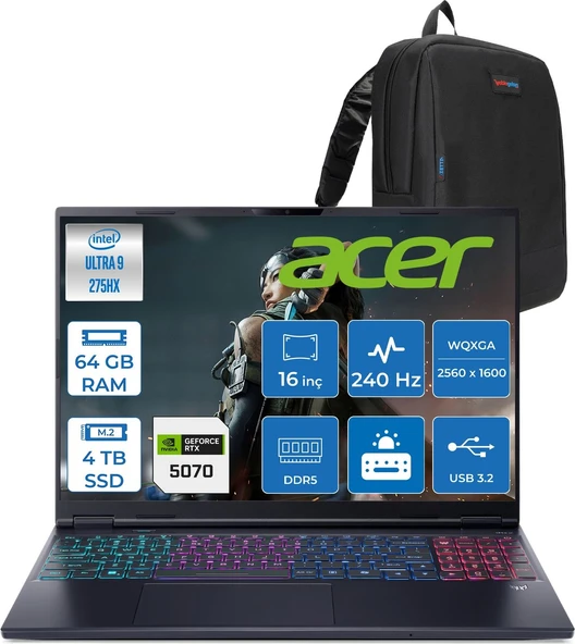 Acer Predator Helıos Neo 16S Aı Intel®core™ Ultra 9 275HX 64GB Ddr5 4tb SSD 8GB/RTX5070 115W OLED 16"wqxga 2560 x 1600 240Hz Freedos Gaming Bilgisayar. NHQZFEY002F20+ZETTAÇANTA ürün görseli 1