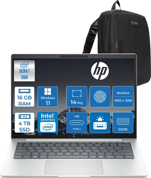 Hp Elitebook 8 G1I Intel® Core Ultra 7 255U 16GB Ddr5 4tb SSD Intel® Grafik Kartı 14"wuxga (1920 x 1200), IPS,300 Nits, WIN11HOME Taşınabilir Bilgisayar CS7R0ETH05+ZETTAÇANTA ürün görseli 1