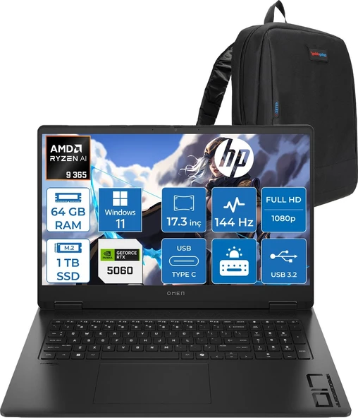 Hp Omen 17-DB1022NT Amd Ryzen Aı 9 365 64GB Ddr5 1tb SSD Windows 11 Home RTX5060 8gb Gddr6 17.3 Inç Fullhd (1920 x 1080) 144Hz 7ms 300NITS IPS Taşınabilir Bilgisayar CD5N2EAH32 + Zetta Çanta ürün görseli 1