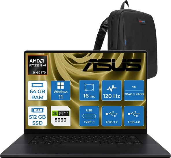 Asus Proart P16 WH7606WX Amd Ryzen Aı 9 Hx 370 64GB Ddr5 512GB SSD Windows 11 Home RTX5090 24GB Gddr7 16 Inç Dokunmatik 4K(3840 x 2400) OLED 0.2ms 120Hz 1600NITS WSE039WH01 + Zetta Çanta ürün görseli 1