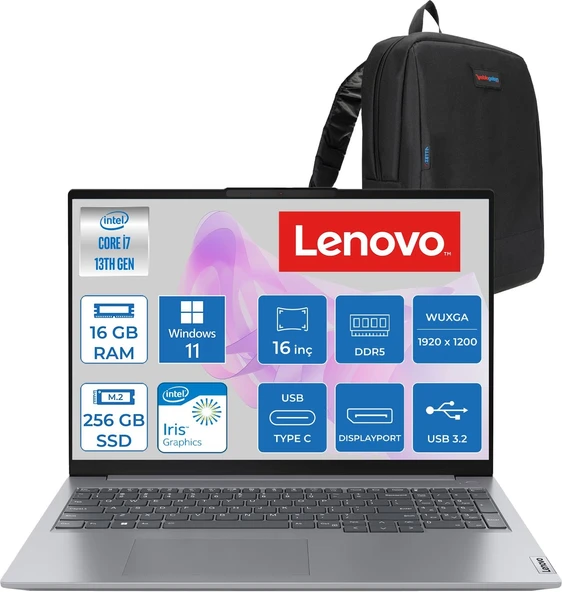 Lenovo Thinkbook 16 Gen6 Irl Intel Core I7 13700H 8gb Ddr5 512GB SSD Windows 11 Pro Iris Xe Graphics 16" Wuxga (1920X1200) IPS 300NITS Taşınabilir Bilgisayar T21KH00WATRP02 + Zetta Çanta ürün görseli 1