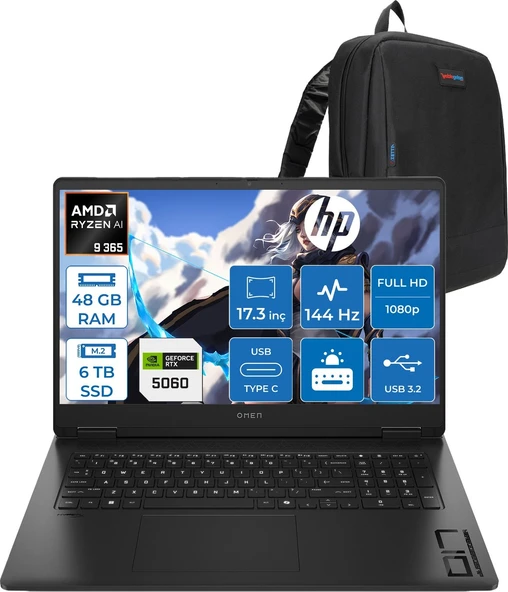Hp Omen 17-DB1022NT Amd Ryzen Aı 9 365 48GB Ddr5 6tb SSD Freedos RTX5060 8gb Gddr6 17.3 Inç Fullhd (1920 x 1080) 144Hz 7ms 300NITS IPS Taşınabilir Bilgisayar CD5N2EAF29 + Zetta Çanta ürün görseli 1