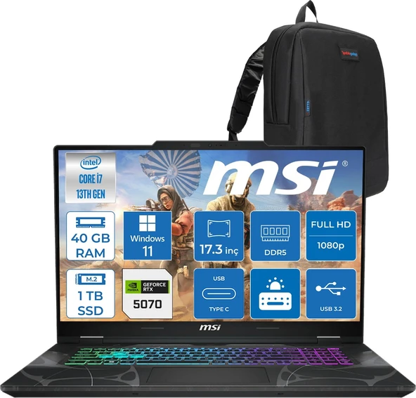 MSI Msı Cyborg 17 Intel Core I7 13620H 40GB Ddr5 1tb SSD RTX5070 Gddr7 8gb Windows 11 Home 17.3" Fullhd (1920X1080) 144HZ IPS Taşınabilir Bilgisayar B13WGKG251XTRH18 + Zetta Çanta ürün görseli 1