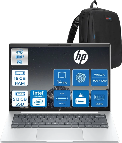 Hp Elitebook 8 G1I Intel® Core Ultra 7 255U 16GB Ddr5 512GB SSD Intel® Grafik Kartı 14"wuxga (1920 x 1200), IPS,300 Nits, Freedos Taşınabilir Bilgisayar CS7R0ETF02+ZETTAÇANTA ürün görseli 1