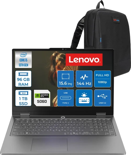 Lenovo Loq Essential Intel Core 13450HX 96GB 512GB+512GB SSD 8GB/RTX5060/65W 15.6" Fhd IPS 100% Srgb 144Hz Windows 11 Pro Gaming Bilgisayar 83SC000TTRP40 + Zettaçanta ürün görseli 1
