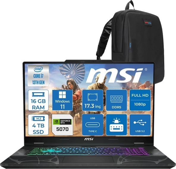 MSI Msı Cyborg 17 Intel Core I7 13620H 16GB Ddr5 4tb SSD RTX5070 Gddr7 8gb Windows 11 Pro 17.3" Fullhd (1920X1080) 144HZ IPS Taşınabilir Bilgisayar B13WGKG251XTRP05 + Zetta Çanta ürün görseli 1