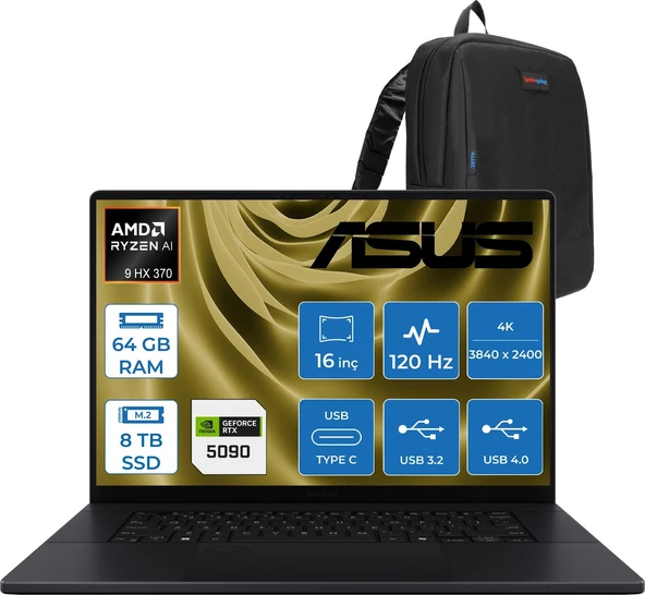 Asus Proart P16 WH7606WX Amd Ryzen Aı 9 Hx 370 64GB Ddr5 8tb SSD Freedos RTX5090 24GB Gddr7 16 Inç Dokunmatik 4K(3840 x 2400) OLED 0.2ms 120Hz 1600NITS WSE039WF06 + Zetta Çanta ürün görseli 1