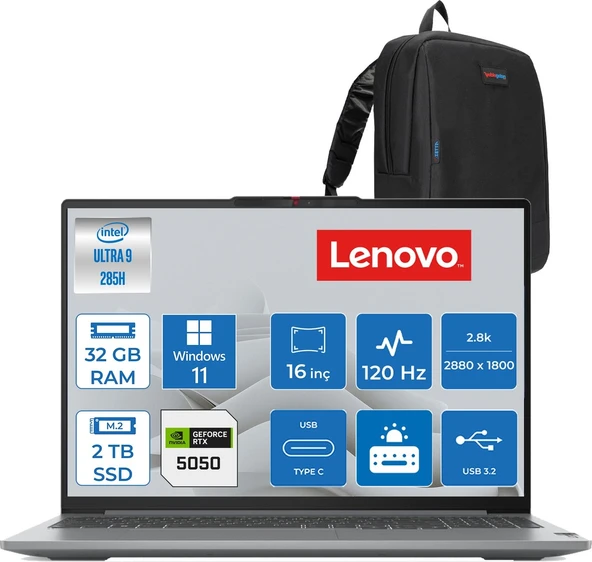 Lenovo Ideapad Pro 5 16IAH10 Intel Core Ultra 9 285H 32GB 8400MHZ 2tb SSD Windows 11 Pro RTX5050 8gb Gddr7 16" 2.8k (2880X1800) OLED 1100NITS 120Hz IP83JM0012TRP04 + Zetta Çanta ürün görseli 1