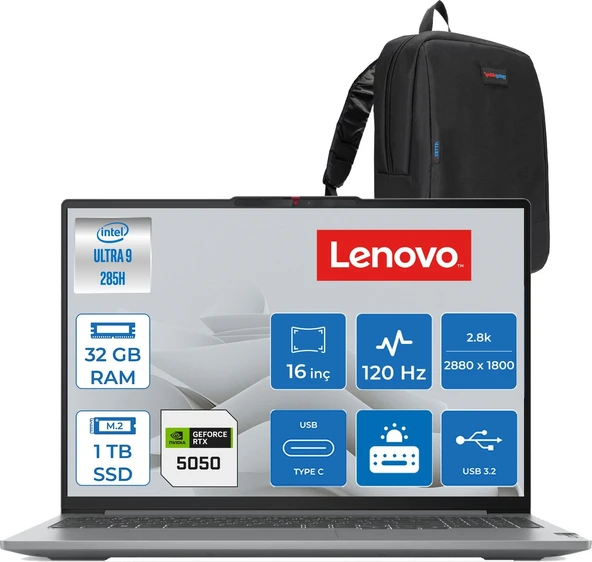 Lenovo Ideapad Pro 5 16IAH10 Intel Core Ultra 9 285H 32GB 8400MHZ 1tb SSD Freedos RTX5050 8gb Gddr7 16" 2.8k (2880X1800) OLED 1100NITS 120Hz IP83JM0012TRF03 + Zetta Çanta ürün görseli 1