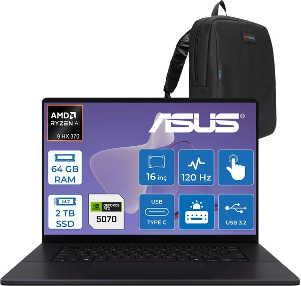 Asus Proart P16 WH7606WX Amd Ryzen Aı 9 Hx 370 64GB Ddr5 2tb SSD Freedos RTX5070 8gb Gddr7 16 Inç Dokunmatik 3k (2880 x 1800) OLED 0.2ms 120Hz 500NITS WRJ088WWF03 + Zetta Çanta ürün görseli 1
