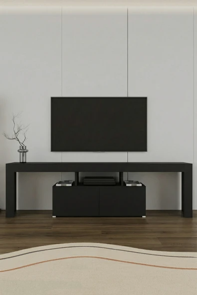 Loki 2 Kapaklı Raflı Tv Ünitesi 180 Cm Siyah ürün görseli 1