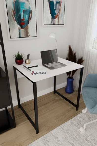 Selin Metal Ayaklı Çalışma Masası – Beyaz Suntalam, Siyah Ayak, Modern Ofis & Ev Masası ürün görseli 1