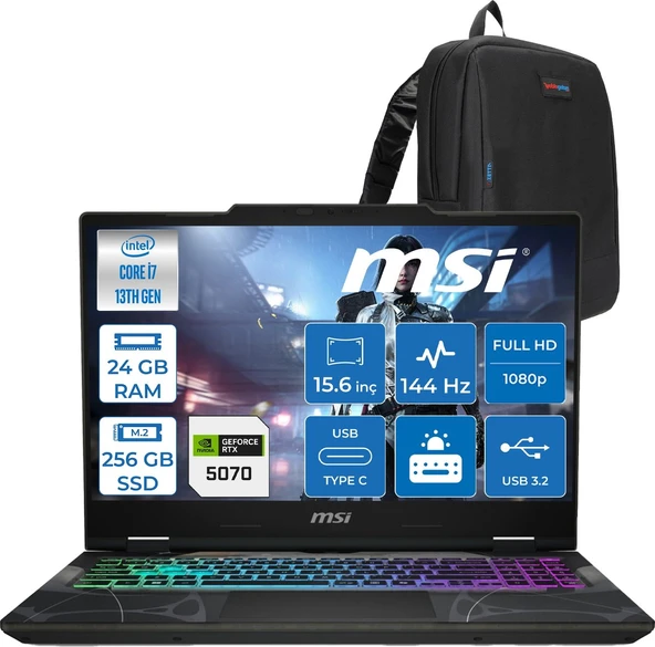 MSI Msı Cyborg 15 Intel Core I7 13620H 24GB Ddr5 256GB SSD RTX5070 Gddr7 8gb Freedos 15.6" Fullhd (1920X1080) 144HZ IPS Taşınabilir Bilgisayar B13WGKG847XTRF06 + Zetta Çanta ürün görseli 1