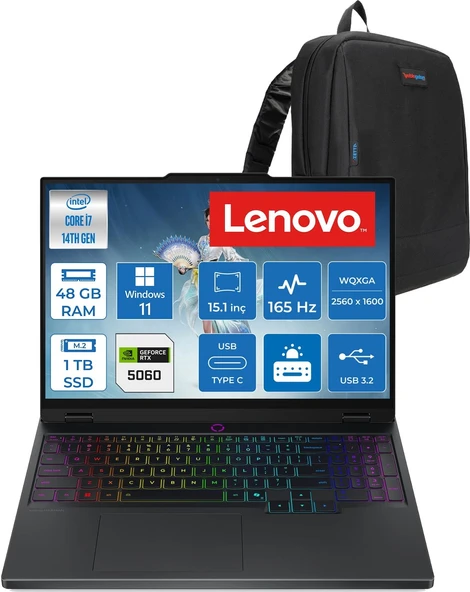 Lenovo Legion 5 15IRX10 Intel Core I7 14700HX 48GB Ddr5 1tb SSD RTX5060 8gb Gddr7 115W Windows 11 Pro 15.1" OLED 1000NITS 165Hz Wqxga (2560X1600) Taşınabilir Bilgisayar W83LY00KXTRP26 + Zetta Çanta ürün görseli 1