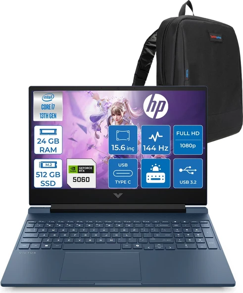 Hp Victus 15W-FA2038NT Intel Core I7 13620H 4.9ghz 24GB Ddr5 512GB SSD Freedos RTX5060 8gb Gddr7 15.6" FULLHD(1920 x 1080) 144Hz IPS 300NIT Taşınabilir Bilgisayar WC39D5EAF09 + Zetta Çanta ürün görseli 1
