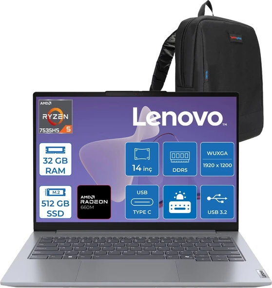 Lenovo Thinkbook 14 G7 Ryzen 5 7535HS 32GB 512GB SSD Amd Radeon 660M 14" Wuxga IPS 300NITS Windows 11 Pro Taşınabilir Bilgisayar 21MV001ATRP09 + Zettaçanta ürün görseli 1