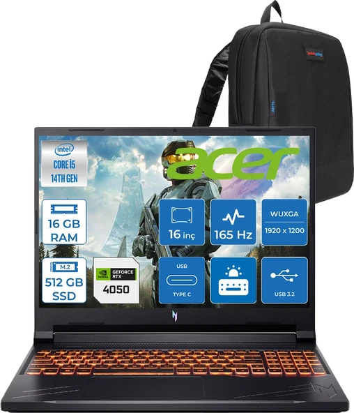 Acer Nitro ANV16 Intel Core I5 14450HX 4.8ghz 16GB Ddr5 512GB SSD Freedos RTX4050 85W 6gb 16" IPS Wuxga (1920 x 1200) 165HZ Taşınabilir Bilgisayar NHQTREY001F02 + Zetta Çanta ürün görseli 1