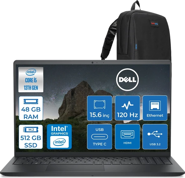 Dell Pro 15 Essential Intel Core I5 1334U 4.6ghz 48GB Ddr5 512GB SSD Freedos 15.6" FHD(1920X1080) 120HZ Wva IPS Taşınabilir Bilgisayar PV152501334UF22 + Zetta Çanta ürün görseli 1