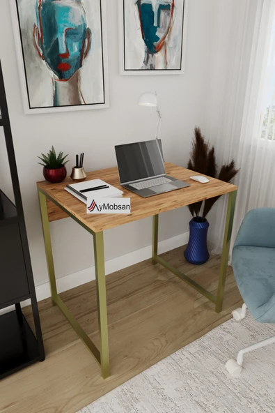 Selin Metal Ayaklı Çalışma Masası – Atlantik Çam Suntalam, Gold Metal Ayak, Modern Ofis & Ev Masası ürün görseli 1