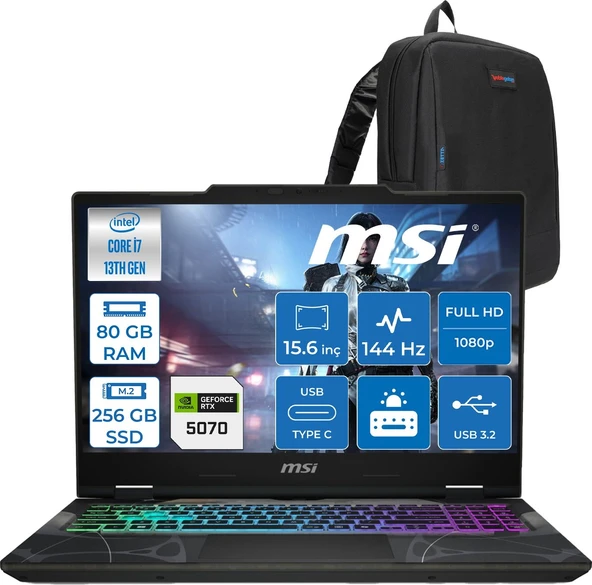 MSI Msı Cyborg 15 Intel Core I7 13620H 80GB Ddr5 256GB SSD RTX5070 Gddr7 8gb Freedos 15.6" Fullhd (1920X1080) 144HZ IPS Taşınabilir Bilgisayar B13WGKG847XTRF31 + Zetta Çanta ürün görseli 1