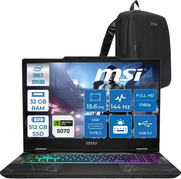 MSI Msı Cyborg 15 Intel Core I7 13620H 32GB Ddr5 512GB SSD RTX5070 Gddr7 8gb Freedos 15.6" Fullhd (1920X1080) 144HZ IPS Taşınabilir Bilgisayar B13WGKG847XTRF12 + Zetta Çanta ürün görseli 1