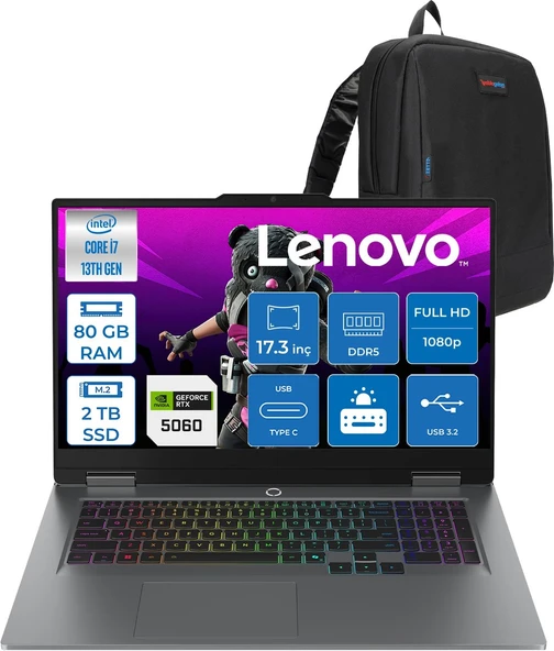 Lenovo Loq 17IRX10 Intel Core I7 13700HX 80GB Ddr5 2tb SSD RTX5060 8gb 115W Freedos 17.3 Inç Fhd (1920X1080) IPS 300NITS 165HZ 100% Srgb Taşınabilir Bilgisayar W83JH009UTRF39 + Zetta Çanta ürün görseli 1