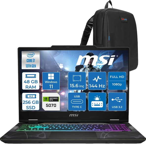 MSI Msı Cyborg 15 Intel Core I7 13620H 48GB Ddr5 256GB SSD RTX5070 Gddr7 8gb Windows 11 Home 15.6" Fullhd (1920X1080) 144HZ IPS Taşınabilir Bilgisayar B13WGKG847XTRH21 + Zetta Çanta ürün görseli 1