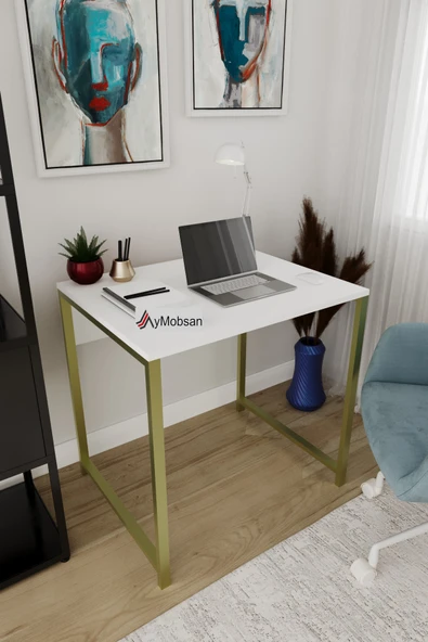 AYMOBSAN Selin Metal Ayaklı Çalışma Masası – Beyaz Suntalam, Gold Ayak, Modern Ofis & Ev Masası ürün görseli 1
