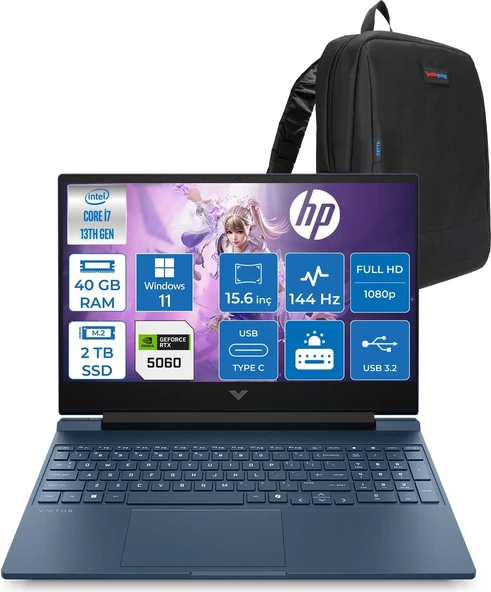 Hp Victus 15W-FA2038NT Intel Core I7 13620H 4.9ghz 40GB Ddr5 2tb SSD Windows 11 Pro RTX5060 8gb Gddr7 15.6" FULLHD(1920 x 1080) 144Hz IPS 300NIT Taşınabilir Bilgisayar WC39D5EAP25 + Zetta Çanta ürün görseli 1