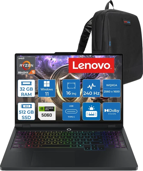Lenovo Legion Pro 5 16ADR10 Amd Ryzen™ 9 8940HX Aı 32GB Ddr5 512GB SSD RTX5060/8GB 115W 16" Wqxga (2560X1600) IPS 500NITS 240Hz Hdr™ 400 WIN11HOME Gaming Bilgisayar 83LT005RTRH12+ZETTAÇANTA ürün görseli 1