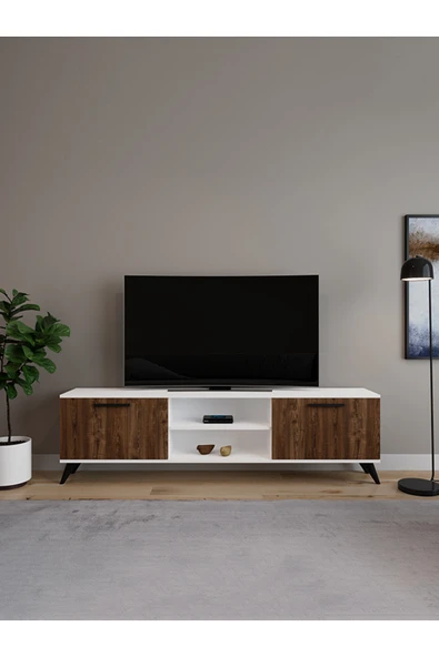AYMOBSAN Monaco Düşer Kapaklı Tv Ünitesi 2 Kapaklı 180 Cm - Atlantik Çam & Beyaz ürün görseli 1