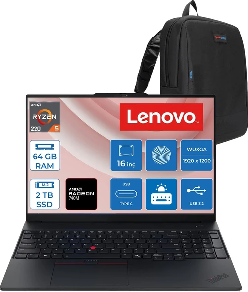 Lenovo Thinkpad E16 Gen3 Amd Ryzen 5 220 4.9ghz 64GB 2tb SSD Amd Radeon 740M 16" Wuxga IPS 300NITS Windows 11 Home Kurumsal Iş Bilgisayarı 21ST0058TXH23 + Zettaçanta ürün görseli 1