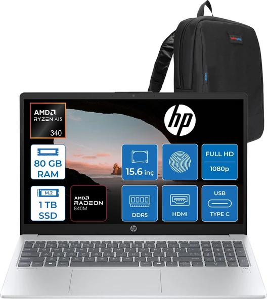 Hp Omnibook 3 Next Gen Aı 15-FN0003NT Amd Ryzen™ Aı 5 340 80GB Ddr5 1tb SSD Amd Radeon™ 840M Grafik 15,6"fhd (1920 x 1080) Freedos Taşınabilir Bilgisayar BQ2C5EAF28+ZETTAÇANTA ürün görseli 1