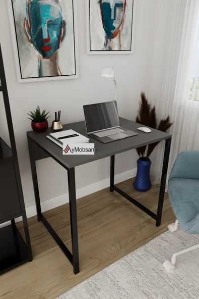 AYMOBSAN Selin Metal Ayaklı Çalışma Masası –Antrasit Suntalam, Siyah Ayak, Modern Ofis & Ev Masası ürün görseli 1