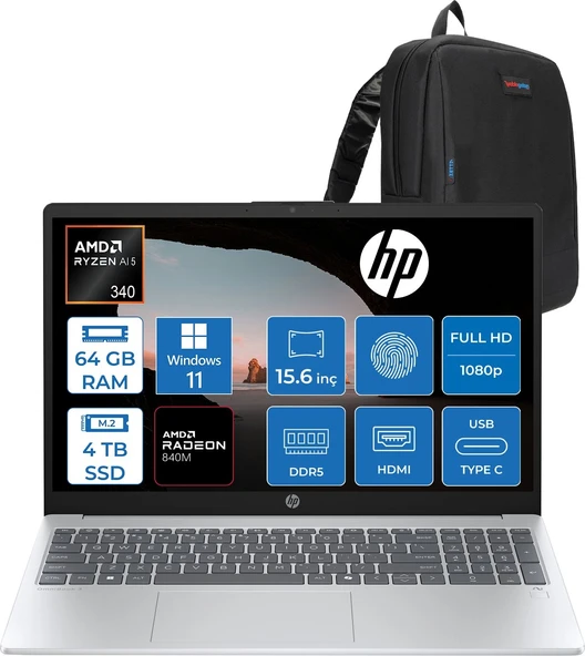 Hp Omnibook 3 Next Gen Aı 15-FN0003NT Amd Ryzen™ Aı 5 340 64GB Ddr5 4tb SSD Amd Radeon™ 840M Grafik 15,6"fhd (1920 x 1080) WIN11HOME Taşınabilir Bilgisayar BQ2C5EAH25+ZETTAÇANTA ürün görseli 1