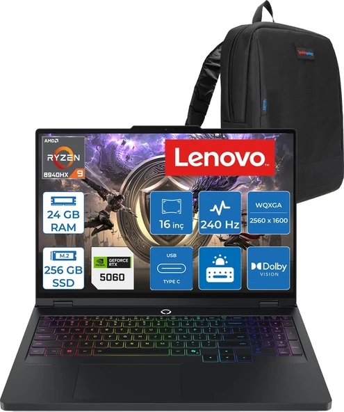 Lenovo Legion Pro 5 16ADR10 Amd Ryzen™ 9 8940HX Aı 24GB Ddr5 256GB SSD RTX5060/8GB 115W 16" Wqxga (2560X1600) IPS 500NITS 240Hz Hdr™ 400 Freedos Gaming Bilgisayar 83LT005RTRF06+ZETTAÇANTA ürün görseli 1