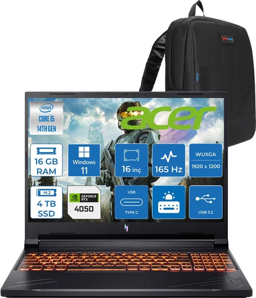 Acer Nitro ANV16 Intel Core I5 14450HX 4.8ghz 16GB Ddr5 4tb SSD Windows 11 Pro RTX4050 85W 6gb 16" IPS Wuxga (1920 x 1200) 165HZ Taşınabilir Bilgisayar NHQTREY001P05 + Zetta Çanta ürün görseli 1