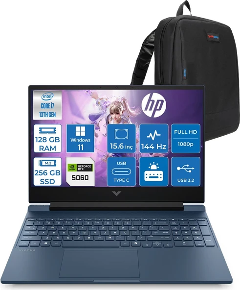 Hp Victus 15W-FA2038NT Intel Core I7 13620H 4.9ghz 128GB Ddr5 256GB SSD Windows 11 Home RTX5060 8gb Gddr7 15.6" FULLHD(1920 x 1080) 144Hz IPS 300NIT Taşınabilir Bilgisayar WC39D5EAH57 + Zetta Çanta ürün görseli 1