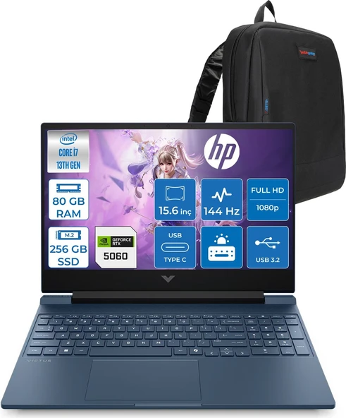 Hp Victus 15W-FA2038NT Intel Core I7 13620H 4.9ghz 80GB Ddr5 256GB SSD Freedos RTX5060 8gb Gddr7 15.6" FULLHD(1920 x 1080) 144Hz IPS 300NIT Taşınabilir Bilgisayar WC39D5EAF43 + Zetta Çanta ürün görseli 1
