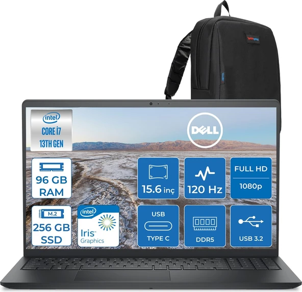 Dell Pro 15 Essential Intel Core I7 1355U 5 Ghz 96GB Ddr5 256GB SSD Freedos 15.6" FHD(1920X1080) 120HZ Wva IPS Taşınabilir Bilgisayar PV152501355UF36 + Zetta Çanta ürün görseli 1