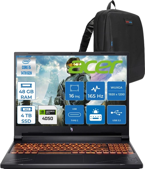 Acer Nitro ANV16 Intel Core I5 14450HX 4.8ghz 48GB Ddr5 4tb SSD Freedos RTX4050 85W 6gb 16" IPS Wuxga (1920 x 1200) 165HZ Taşınabilir Bilgisayar NHQTREY001F25 + Zetta Çanta ürün görseli 1