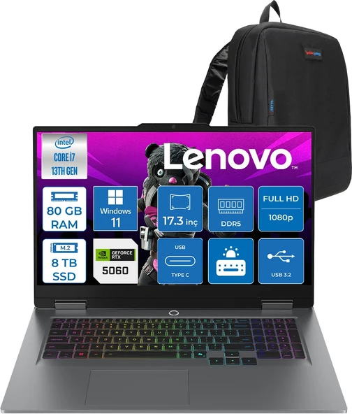 Lenovo Loq 17IRX10 Intel Core I7 13700HX 80GB Ddr5 8tb SSD RTX5060 8gb 115W Windows 11 Pro 17.3 Inç Fhd (1920X1080) IPS 300NITS 165HZ 100% Srgb Taşınabilir Bilgisayar W83JH009UTRP42 + Zetta Çanta ürün görseli 1
