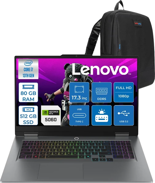 Lenovo Loq 17IRX10 Intel Core I7 13700HX 80GB Ddr5 512GB SSD RTX5060 8gb 115W Freedos 17.3 Inç Fhd (1920X1080) IPS 300NITS 165HZ 100% Srgb Taşınabilir Bilgisayar W83JH009UTRF37 + Zetta Çanta ürün görseli 1