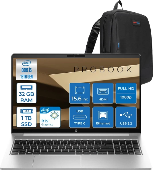 Hp Probook 450 G10 Intel Core I7 1355U 5ghz 32GB 1tb SSD Iris® Xe Graphics Freedos 15.6" IPS Fullhd (1920X1080) 250NITS Taşınabilir Bilgisayar H9969H2ETF18 + Zetta Çanta ürün görseli 1