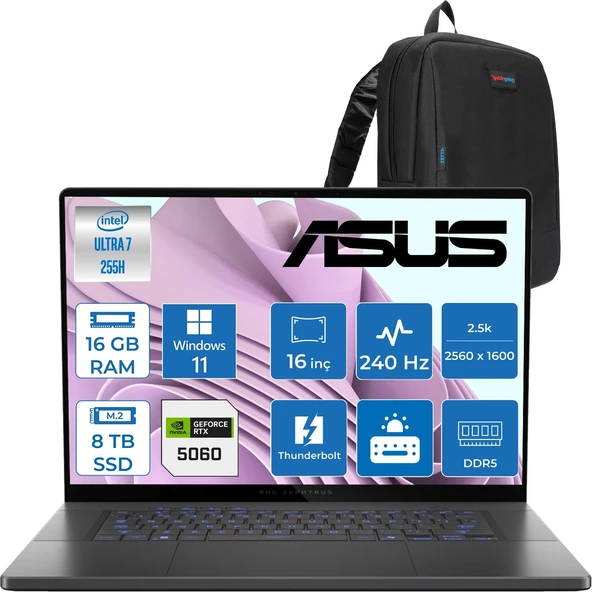 Asus Rog Zephyrus G16 (2025) Intel Core Ultra 7 255H 16GB 7467MHZ Ddr5 8tb SSD Windows 11 Pro RTX5060 8gb Gddr7 105W Rog Nebula Display 2.5k (2560 x 1600, Wqxga) OLED 240Hz GU605CMQR064P07 ürün görseli 1